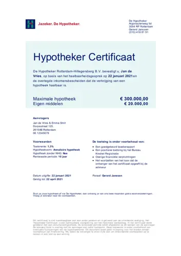 Hypotheker Certificaat Voorbeeld
